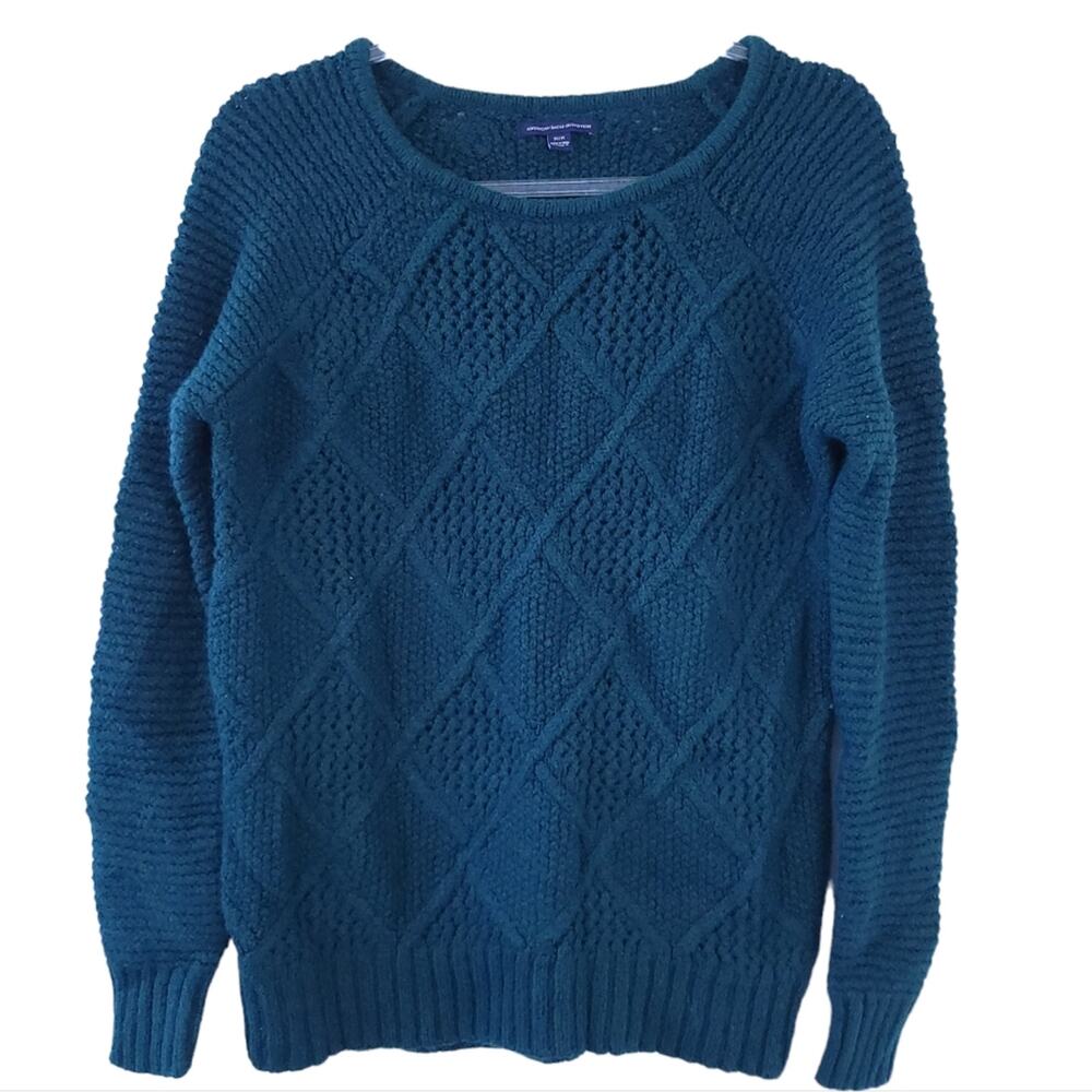 American Eagle Sweater Medium Green Cotton Wool Blend, Christmas Holiday, Wool